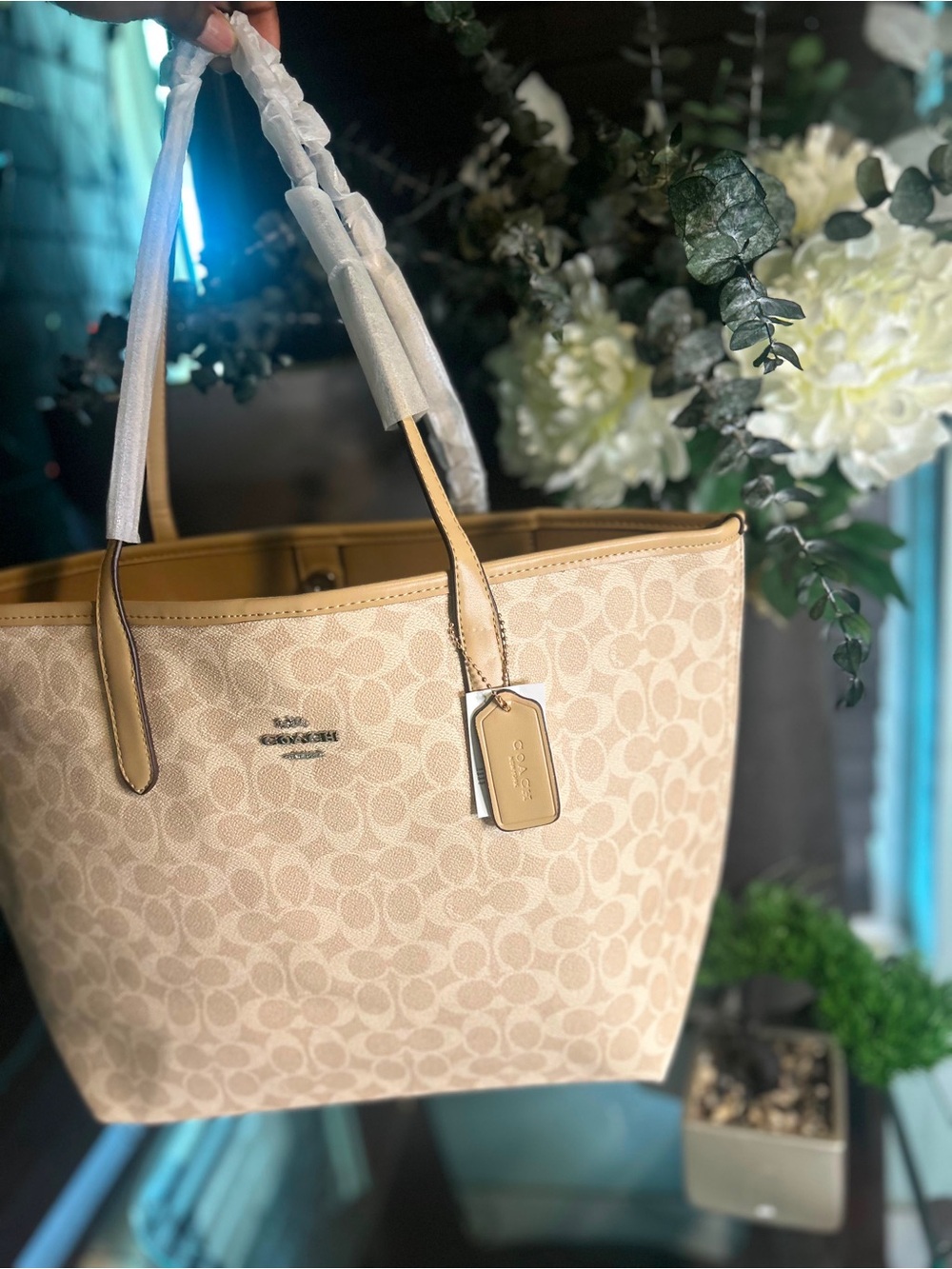 Coach Beige Canvas Tote with Tan Leather Trim